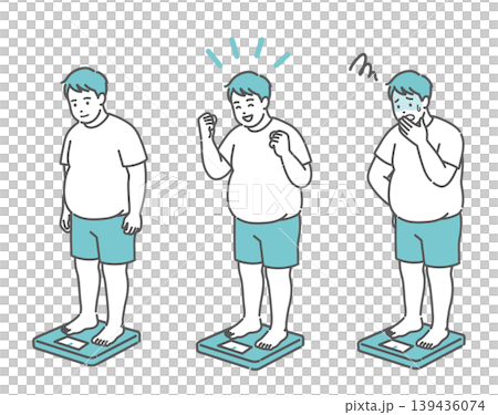 一組成年男性稱體重的插圖(體型肥胖,3 種面部表情)。 一組成年男性稱體重的插圖(體型肥胖,3 種面部表情)。 139436074