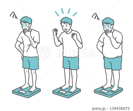 体重測定の結果に一喜一憂する3体型の成人男性イラストセット（痩せ型・標準・肥満） 139436075