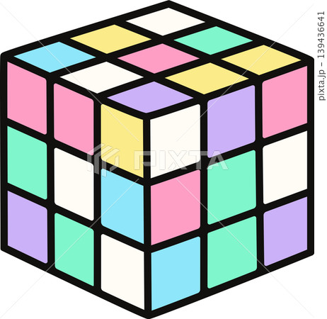 Cute Pastel Rubik's Cube Illustration, Colorful Puzzle Box Vector Design, Retro 3D Mechanical Cube Toy Element 139436641