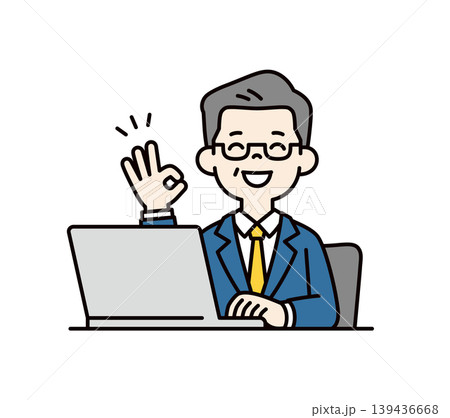パソコンの前でOKサインをする、50代・60代の上司・社長・経営者の上半身ベクターイラスト素材 パソコンの前でOKサインをする、50代・60代の上司・社長・経営者の上半身ベクターイラスト素材 139436668