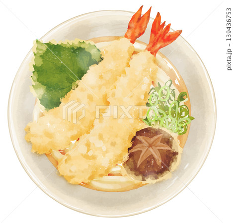 リアルな「天ぷらうどん」の俯瞰イラスト 139436753