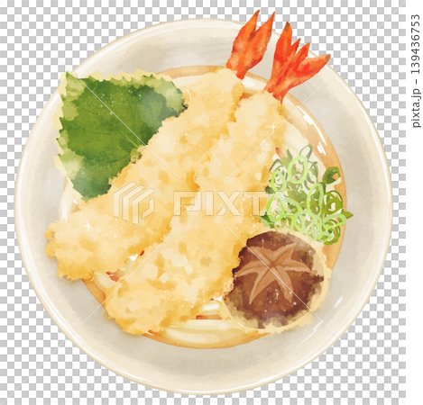 リアルな「天ぷらうどん」の俯瞰イラスト 139436753