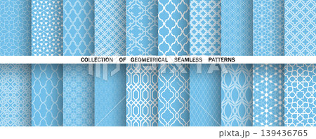 Geometric set of seamless blue and white patterns. Simple vector graphics Geometric set of seamless blue and white patterns. Simple vector graphics 139436765