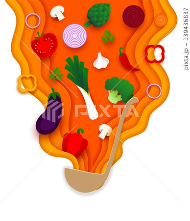 Paper cut cooking banner, health nutrition concept, healthy cooking and plant based cuisine with vegetables broccoli, eggplant, leek, tomato, onion, pouring from a ladle in a layered papercut frame 139436837