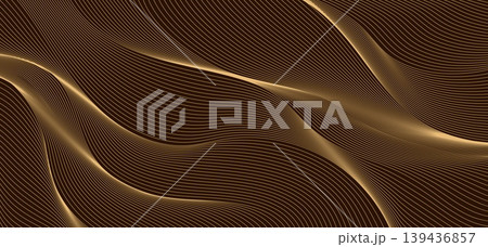 Golden stripe swoosh line waves, ribbon luxury golden flow background. Gold vector metallic ribbon waves and flowing linear stripes bg, elegant luxury abstract backdrop conveys motion texture or depth Golden stripe swoosh line waves, ribbon luxury golden flow background. Gold vector metallic ribbon waves and flowing linear stripes bg, elegant luxury abstract backdrop conveys motion texture or depth 139436857