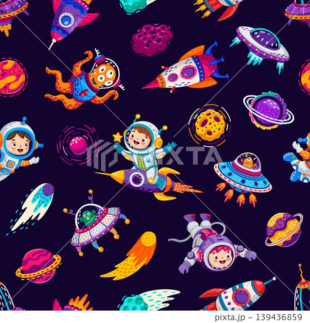 Cartoon kids astronauts, spaceship and rockets seamless pattern. Vector space tile background with cute cosmonauts in helmets among planets, comets and friendly aliens, conveying adventure exploration 139436859