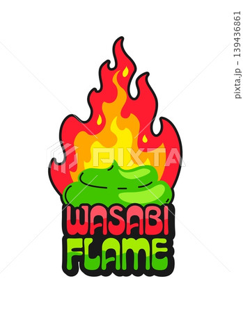 Japanese food sushi hot wasabi vintage Y2K sticker or patch. Sushi gourmet retro patch, Japan seafood dish Y2K vector sticker. Asian menu delicacy tag with wasabi sauce in fire flames and typography 139436861