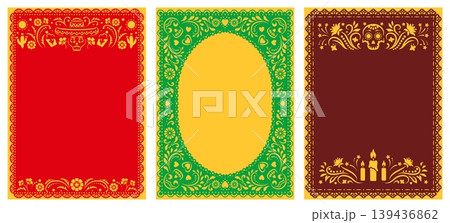 Mexican holiday party paper cut frames, papercut fiesta flyer, papel picado Hispanic borders in red, green and brown. Vector festive folk art templates with sugar skulls, candles and floral patterns 139436862