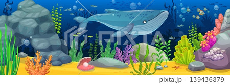 Underwater landscape game background with cute whale. Sea underwater vector landscape. Ocean bottom background with blue whale funny cartoon character, seaweed and corals, pearl seashell and rocks Underwater landscape game background with cute whale. Sea underwater vector landscape. Ocean bottom background with blue whale funny cartoon character, seaweed and corals, pearl seashell and rocks 139436879