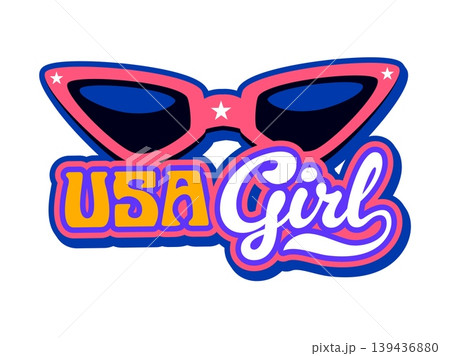 USA girl retro Y2K sticker or patch. American nation flag colors retro vector sticker, United States of America vintage patch. USA patriotic Y2K tag or label with pink sunglasses, colorful typography USA girl retro Y2K sticker or patch. American nation flag colors retro vector sticker, United States of America vintage patch. USA patriotic Y2K tag or label with pink sunglasses, colorful typography 139436880