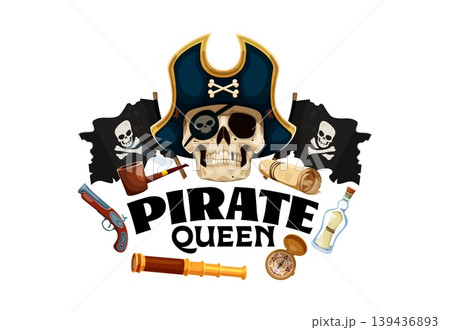 Pirate queen t-shirt print with corsair quote. Vector design with skull in pirate captain hat, Jolly Roger flags, pistol, message in bottle, and map scroll for apparel printing or sticker designs Pirate queen t-shirt print with corsair quote. Vector design with skull in pirate captain hat, Jolly Roger flags, pistol, message in bottle, and map scroll for apparel printing or sticker designs 139436893
