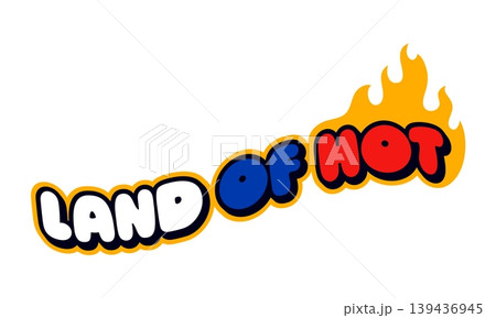 USA land of hot vintage Y2K sticker or label. American nation country retro vector label , USA flag colors vintage patch. United States of America patriotic Y2K sticker with funny typography and fire 139436945