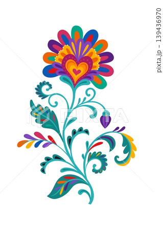 Mexican folk embroidery abstract flower object with curly leaves and ornate leaf. Hispanic culture plant element, Latin American folk nature vector object. Mexican ethnic flower isolated decoration Mexican folk embroidery abstract flower object with curly leaves and ornate leaf. Hispanic culture plant element, Latin American folk nature vector object. Mexican ethnic flower isolated decoration 139436970