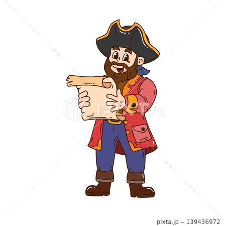 Cartoon pirate holding old treasure map. Groovy bearded boatswain in tricorn hat and red jacket. Corsair captain and sailor character for pirate party posters, invitations and decorations Cartoon pirate holding old treasure map. Groovy bearded boatswain in tricorn hat and red jacket. Corsair captain and sailor character for pirate party posters, invitations and decorations 139436972