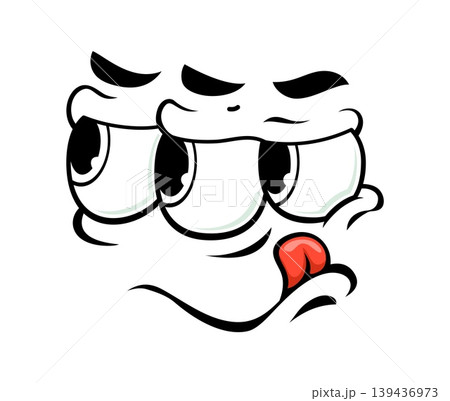 Cartoon character with mischievous face expression. Playful face with three bulging eyes, raised brows, knowing smirk and sticking out tongue. Cheeky emotion for stickers and apparel designs Cartoon character with mischievous face expression. Playful face with three bulging eyes, raised brows, knowing smirk and sticking out tongue. Cheeky emotion for stickers and apparel designs 139436973