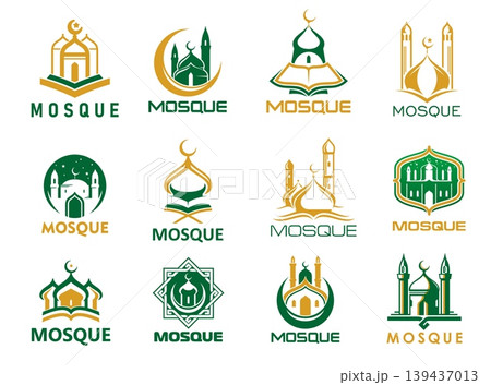 Ramadan muslim arabian mosque icons with arab dome, minaret, moon crescent and quran vector silhouettes. Islam Eid Mubarak and Ramadan Kareem greeting cards set with muslim arabian mosque symbols 139437013