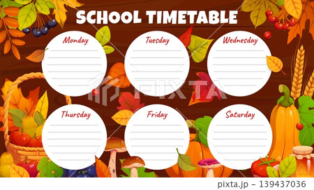 School education timetable schedule with autumn season leaves and berries. Cartoon template with pumpkins and fall harvest with circular daily frames for organizing weekly kids classes and activities School education timetable schedule with autumn season leaves and berries. Cartoon template with pumpkins and fall harvest with circular daily frames for organizing weekly kids classes and activities 139437036