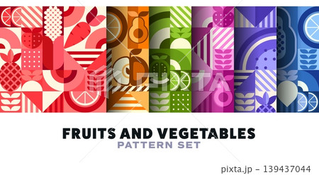 Organic fruits and vegetables geometric seamless pattern, fresh farm food background. Apple and strawberry, tomato and carrot, watermelon and corn shapes pattern, abstract fruits and vegetables mosaic 139437044