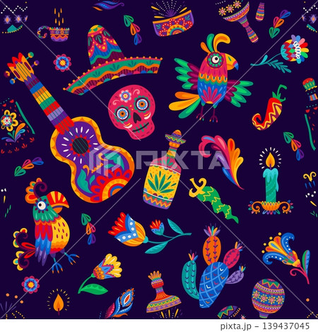 Mexican candles, pinatas and tequila bottles seamless pattern. Vector alebrije folk tile background with skull, guitar, sombrero, cactus, parrot, chili and maraca motifs celebrating Day of the Dead 139437045
