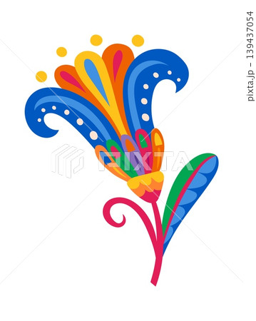 Mexican folklore traditional abstract flower object with blue red and orange petals. Mexico ethnic plant object, Hispanic culture floral isolated vector decor. Mexican flower decoration 139437054