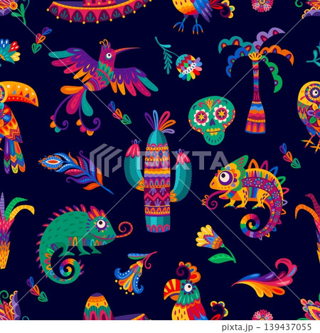 Mexican characters objects seamless pattern. Mexican nature pattern, Latin American seamless background. Mexico textile backdrop with ornate skull, palm tree, chameleon, parrot, toucan and hummingbird 139437055