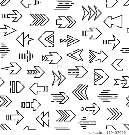 Arrow signs seamless pattern or print. Navigation pointers line background, direction button outline backdrop. Download arrow lineart seamless pattern or move cursor linear print 139437056