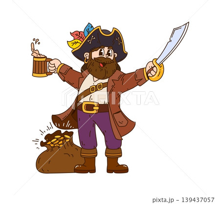 Cartoon pirate character holding beer mug and dagger. Funny groovy corsair sailor with beard and sack of gold coins. Sea robber personage for pirate party posters, invitations and decorations 139437057