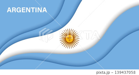 Paper cut national flag of Argentina, vector blue and white Argentine papercut banner. Sun of May emblem on layered background with Argentina lettering for Independence day celebrations, travel promo Paper cut national flag of Argentina, vector blue and white Argentine papercut banner. Sun of May emblem on layered background with Argentina lettering for Independence day celebrations, travel promo 139437058