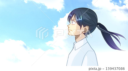 空を見上げる女の子のアニメ風イラスト、横顔左向き 139437086