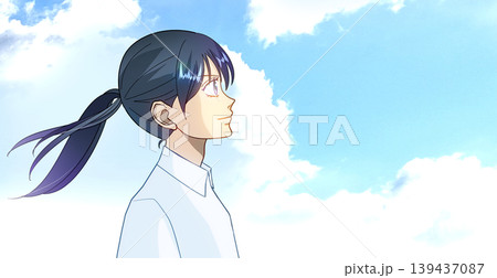 空を見上げる女の子のアニメ風イラスト、横顔右向き 139437087