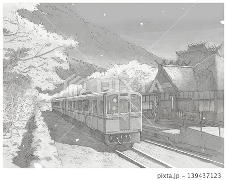 Local Japanese train at a traditional rural station pencil sketch 139437123