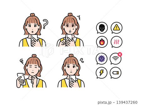 スマートフォンを持つジャンパースカートを着た若い女性とスマホトラブルの通知アイコンセット スマートフォンを持つジャンパースカートを着た若い女性とスマホトラブルの通知アイコンセット 139437260