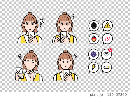 スマートフォンを持つジャンパースカートを着た若い女性とスマホトラブルの通知アイコンセット スマートフォンを持つジャンパースカートを着た若い女性とスマホトラブルの通知アイコンセット 139437260