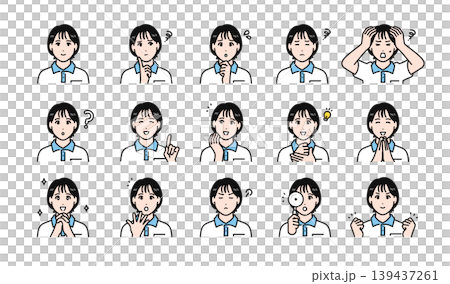 A set of various facial expressions of young female staff members wearing polo shirts. A set of various facial expressions of young female staff members wearing polo shirts. 139437261