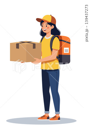 Female courier holding cardboard box isolated Female courier holding cardboard box isolated 139437273