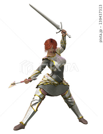 3D Female Warrior in Armor with Sword and Axe 139437313
