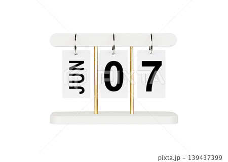 Modern flip calendar with June 07 date isolated on white. Office time management tool icon. 139437399