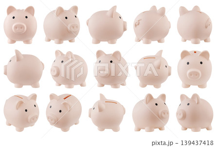 Pink piggy bank collage with multiple angles isolated on white background Pink piggy bank collage with multiple angles isolated on white background 139437418