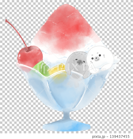 A watercolor-style illustration of shaved ice and a cute seal. A watercolor-style illustration of shaved ice and a cute seal. 139437455