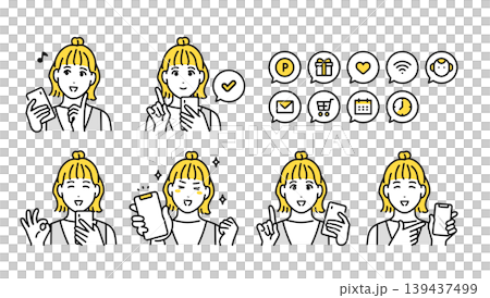 スマートフォン ジャンパースカートを着た若い女性 ポジティブ セット 139437499