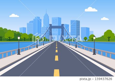 Straight road on suspension bridge leading to city skyline with river and trees vector illustration. Straight road on suspension bridge leading to city skyline with river and trees vector illustration. 139437626
