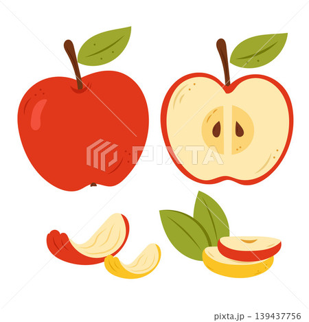 Whole and half apples fresh fruit cut pieces healthy food concept 139437756