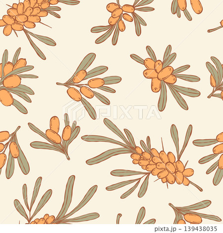 Sea Buckthorn Seamless Pattern. Orange Berries and Green Leaves on Light Background. Botanical Branch Repeat Print for Eco-Packaging. Vector illustration. Colored hand-drawn. Square template Ornament 139438035