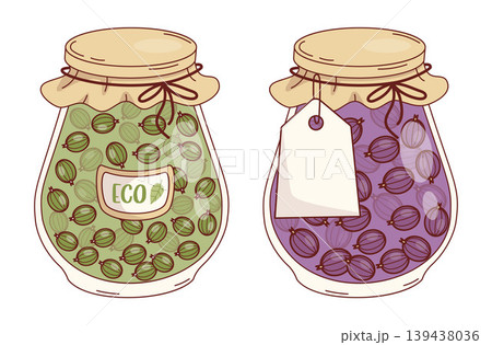 Green and Purple Gooseberry Jam. Delicious Homemade in Glass Jars with Eco Label and Blank Tag. Vector Illustration. Isolated on White 139438036
