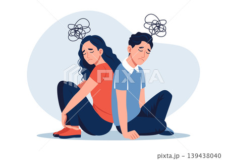 Stressed young couple sitting back to back with tangled thoughts. Relationship problems. Illustration. Stressed young couple sitting back to back with tangled thoughts. Relationship problems. Illustration. 139438040