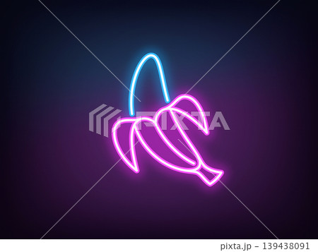 Outline neon banana, blue magenta. Neon banana fruit with opened peel, outline silhouette. Ripe tropical fruit, banana garden, organic food, fruit diet, summer vitamins, health food. Vector Outline neon banana, blue magenta. Neon banana fruit with opened peel, outline silhouette. Ripe tropical fruit, banana garden, organic food, fruit diet, summer vitamins, health food. Vector 139438091