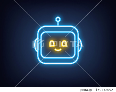 Outline neon chat bot, blue yellow. Neon robot face with cute smile. Friendly virtual assistant, smart bot with AI algorithms, chatbot technology for business tasks, digital helper. Vector Outline neon chat bot, blue yellow. Neon robot face with cute smile. Friendly virtual assistant, smart bot with AI algorithms, chatbot technology for business tasks, digital helper. Vector 139438092