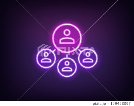 Outline neon team leader, violet magenta. Neon executive chief icon, director group, people management system. Head boss, team control organization, teamwork manage, partnership, distribution. Vector 139438097