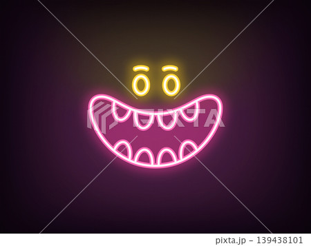Outline neon laugh mouth, pink yellow. Neon cute monster face with laughing mouth, haha expression. Laughter emoticon, crazy smile, funny joke, comic emoji, monster giggle. Vector 139438101