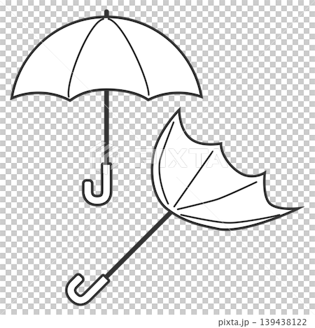A simple monochrome illustration of an umbrella and a broken umbrella. 139438122